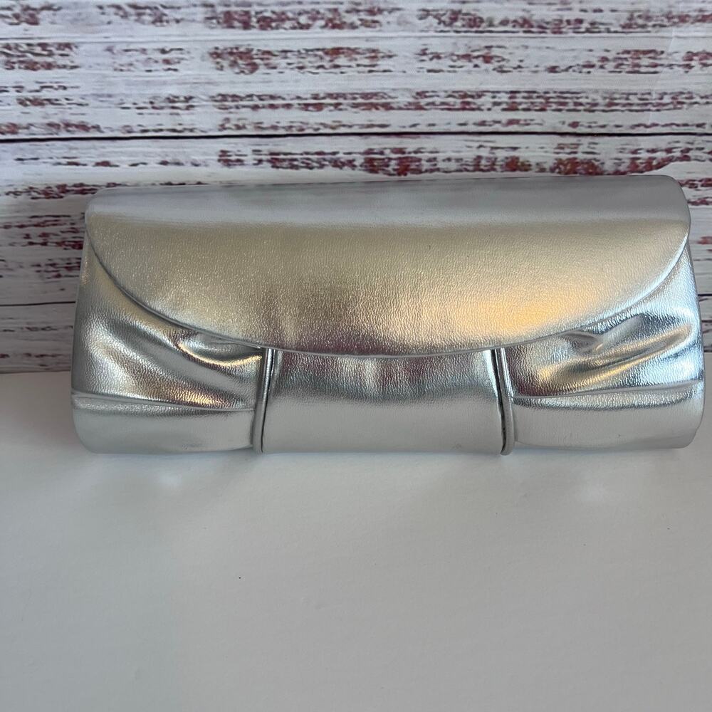 Payless Metallic Ruched Fold Over Evening Clutch Bag Silver
